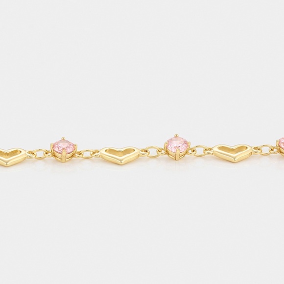 Heart Chain Bracelet CZ Pink Stone 14k Gold Plated - Picture 7 of 11